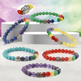 Natural Crystal Stone 7 Chakra Buddha Head Charm 8 mm Bracelet