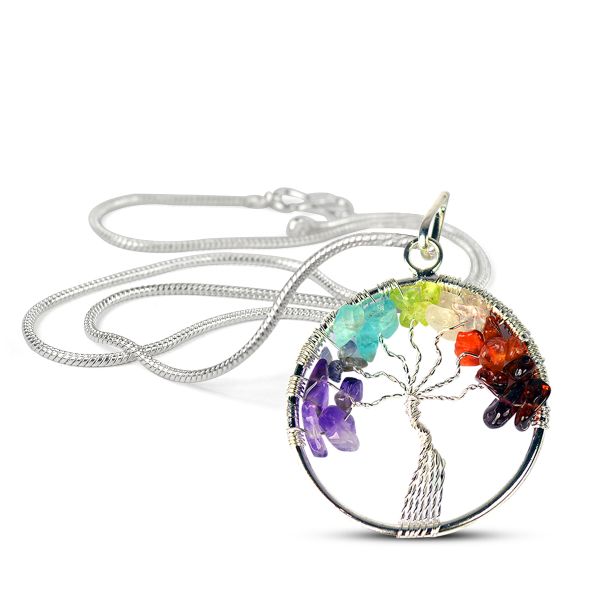 Natural Crystal Stone Tree of Life Pendant Size 35-40 mm with Metal Chain