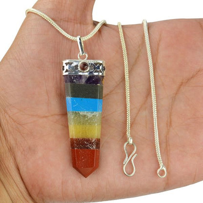 Natural Crystal Stone Flat Stick 7 Chakra Beads Pendant Size 45-50 mm with Metal Chain