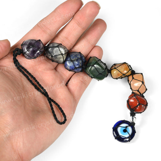 7 Chakra Tumble Stone Hanging with Evil Eye Size 27.9 cm