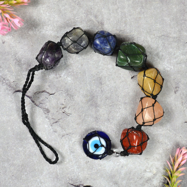 Colorful Chakra Tumble Stone Hanging with Evil Eye Close View