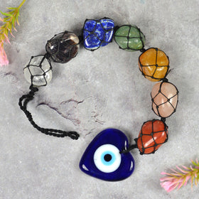 7 Chakra Tumble Stone Hanging with Evil Eye Heart Shape Size 27.9 cm (11 inch)