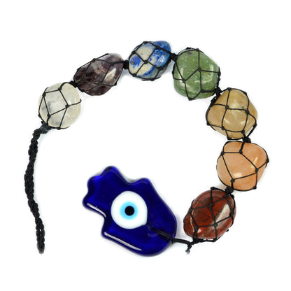 7 Chakra Tumble Stone Hanging with Evil Eye Hamsa Hand Shape Size 27.9 cm (11 inch)