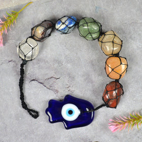 7 Chakra Tumble Stone Hanging with Evil Eye Hamsa Hand Shape Size 27.9 cm (11 inch)