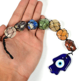 7 Chakra Tumble Stone Hanging with Evil Eye Hamsa Hand Shape Size 27.9 cm (11 inch)