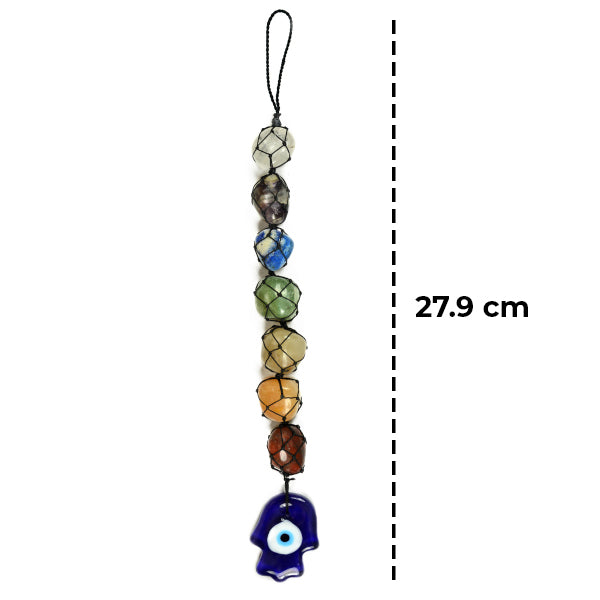 7 Chakra Tumble Stone Hanging with Evil Eye Hamsa Hand Shape Size 27.9 cm (11 inch)