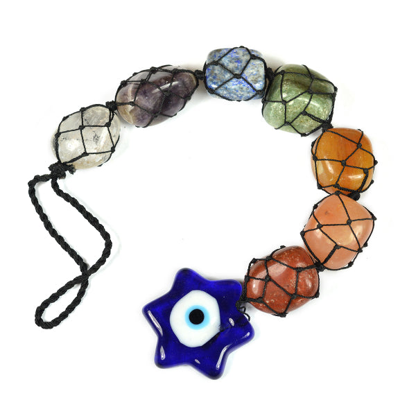7 Chakra Tumble Stone Hanging with Evil Eye Star Shape Size 27.9 cm (11 inch)