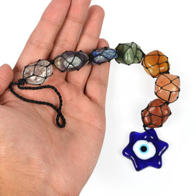 7 Chakra Tumble Stone Hanging with Evil Eye Star Shape Size 27.9 cm (11 inch)