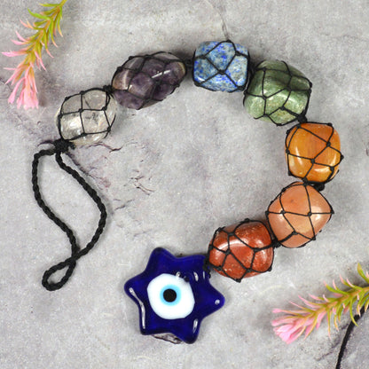 7 Chakra Tumble Stone Hanging with Evil Eye Star Shape Size 27.9 cm (11 inch)