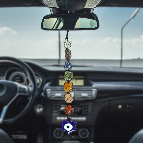 7 Chakra Tumble Stone Hanging with Evil Eye Star Shape Size 27.9 cm (11 inch)