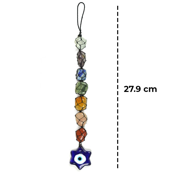 7 Chakra Tumble Stone Hanging with Evil Eye Star Shape Size 27.9 cm (11 inch)