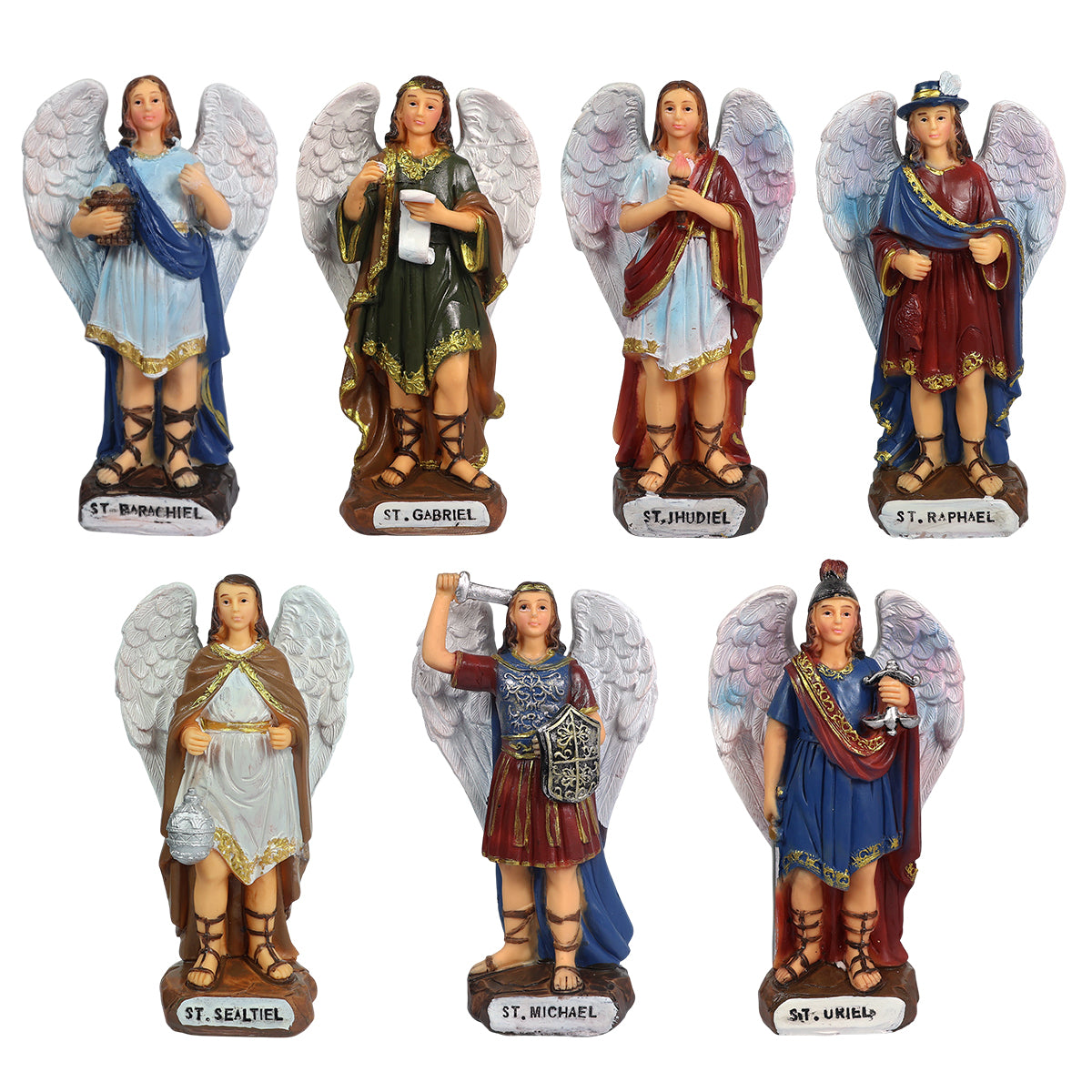 Archangel 7 Pc Statue Set | Seven Archangels Figurines Michael, Gabriel, Raphael, Uriel, Sealtiel, Jehudiel & Barachiel | Protection Blessing Spiritual Décor