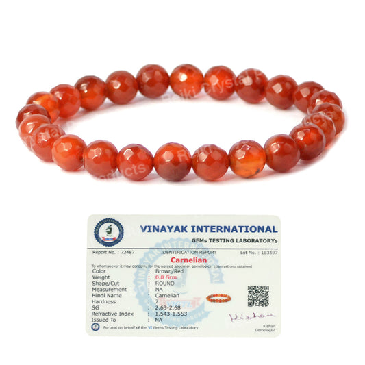 Carnelian Certificate 8 mm Faceted Bead Bracelet