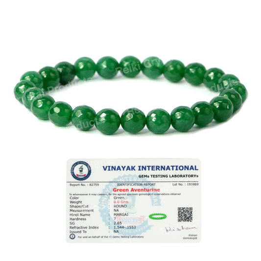 Certificate Green Aventurine 8 mm Faceted Bead Bracelet for Unisex