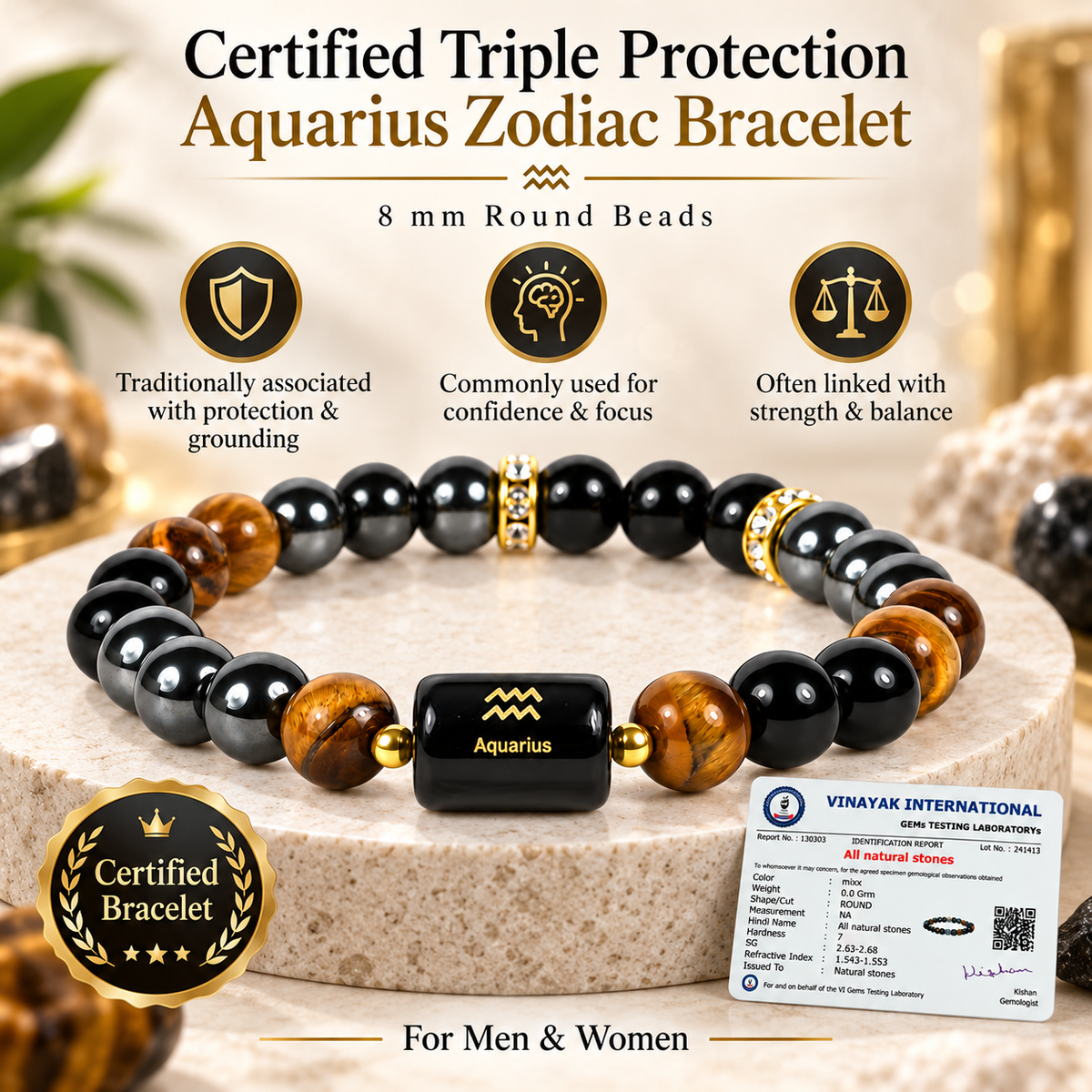 Certified Triple Protection Aquarius Zodiac Bracelet 8 mm
