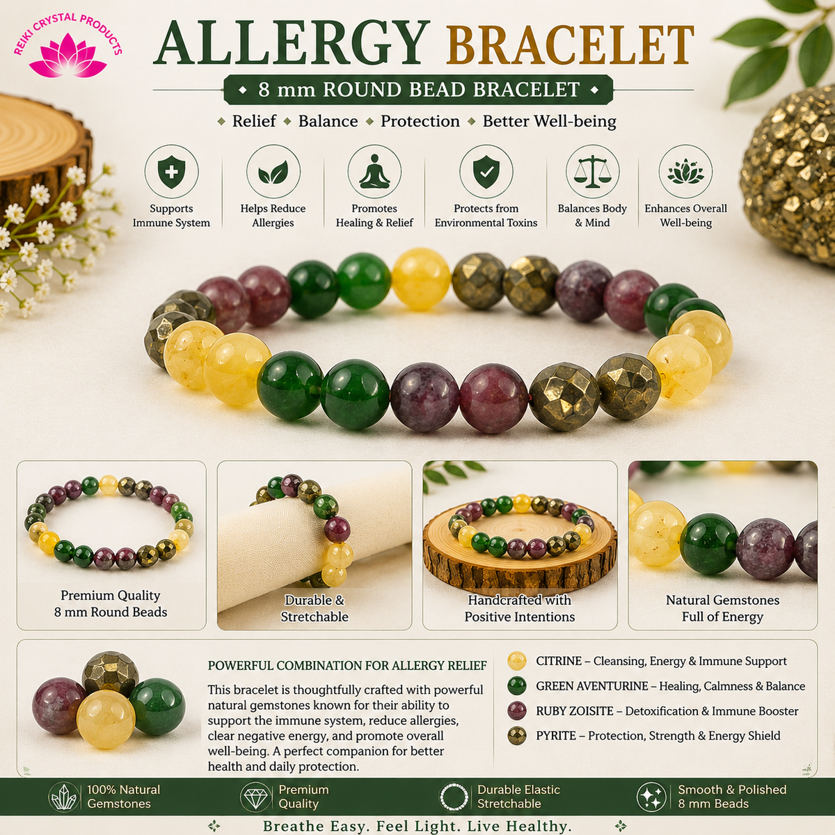 Energized AAA Natural Stone Bracelet 8mm – Custom Purpose Crystal Beads Bracelet for Wealth, Education, Confidence, Relationship, Will Power, Protection & Abundance Energy