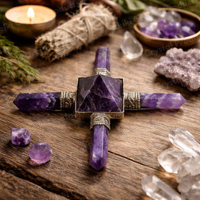 Amethyst Crystal Energy Generator | Pyramid Center with 4 Wand Points for Reiki Healing & Meditation