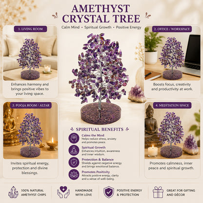 Natural Amethyst Crystal Tree with Natural Amethyst Chip Stone Base | Reiki Charged Healing Tree for Peace, Calmness, Meditation, Home & Office Décor, Vastu & Feng Shui