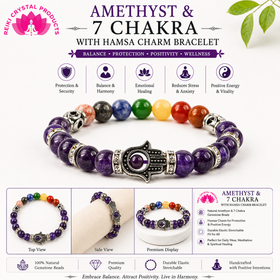Natural Amethyst & 7 Chakra with Hamsa Charm Bracelet – Crystal Bracelet for Peace, Balance, Protection, Focus & Positive Energy | Bracelet for Men & Women