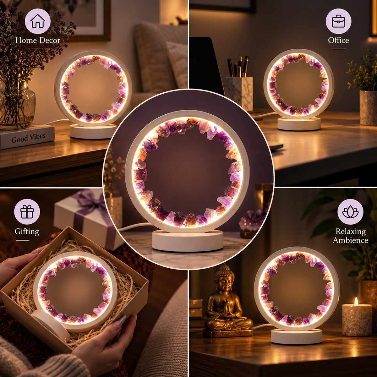 Amethyst Crystal LED Lamp with Raw Purple Stones