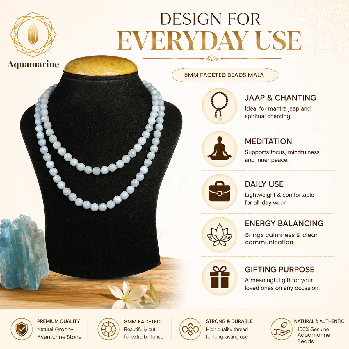 Aquamarine Crystal Mala | Natural Healing Gemstone Necklace for Calm & Courage