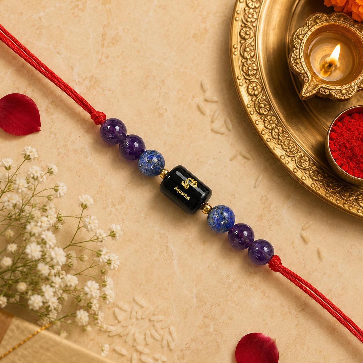 Aquarius (कुंभ राशि) Zodiac Birth Sign Gemstone Rakhi | Natural Crystal Astrology Rakhi Bracelet | Adjustable Thread Raksha Bandhan Gift for Men & Women