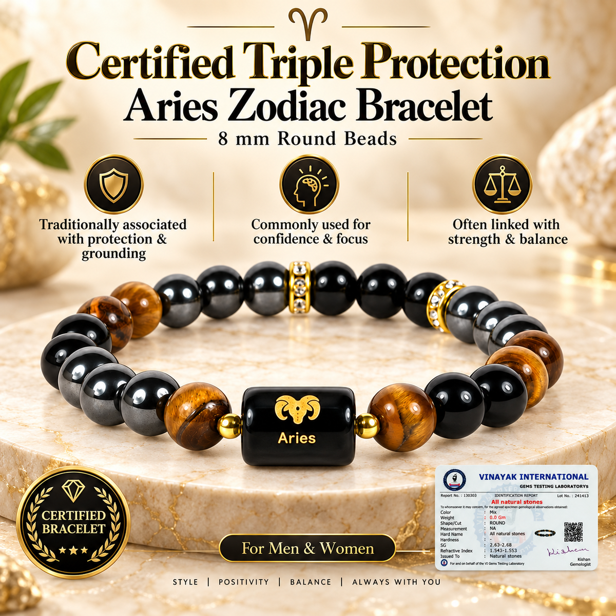 Certified Triple Protection Aries Zodiac Bracelet 8 mm