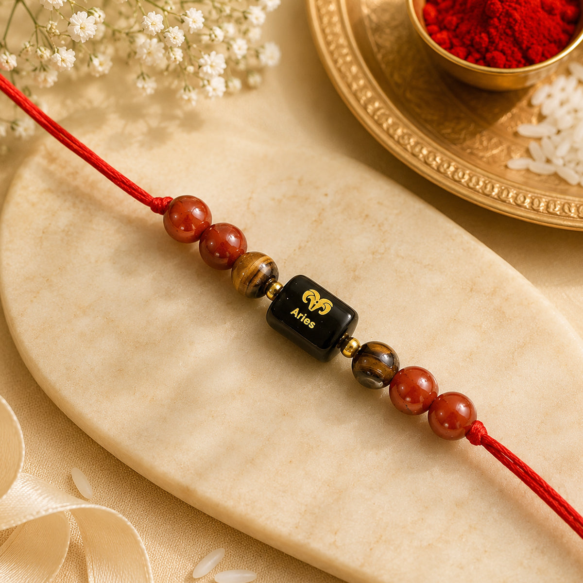 Aries (मेष राशि) Zodiac Birth Sign Gemstone Rakhi | Natural Crystal Astrology Rakhi Bracelet | Adjustable Thread Raksha Bandhan Gift for Men & Women