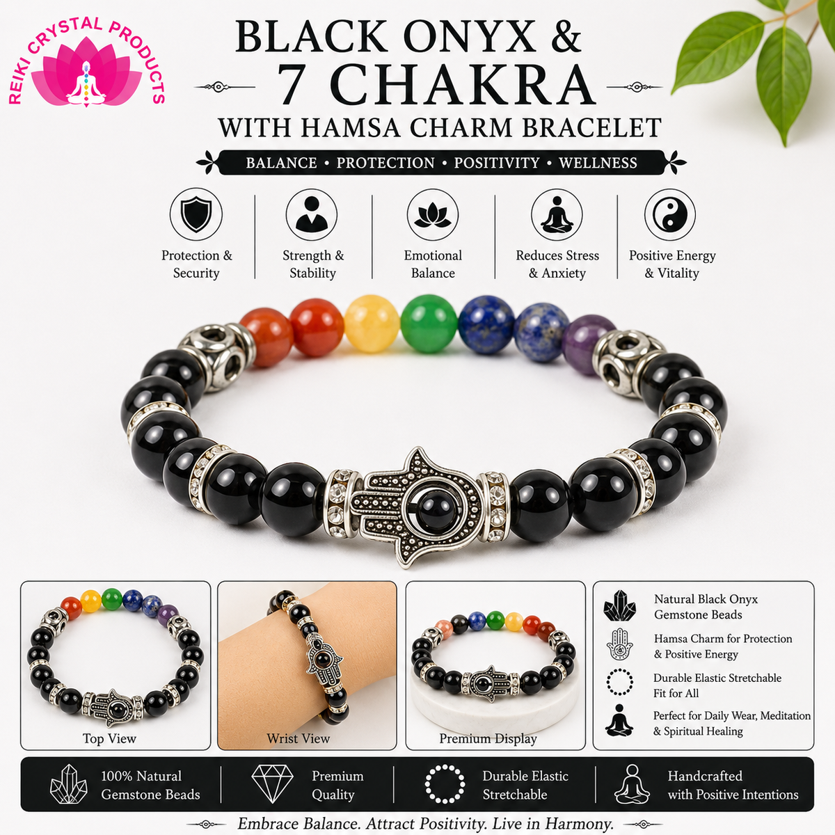 Natural Black Onyx & 7 Chakra with Hamsa Charm Bracelet – Crystal Bracelet for Protection, Grounding, Balance & Positive Energy | Bracelet for Men & Women