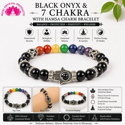Natural Black Onyx & 7 Chakra with Hamsa Charm Bracelet – Crystal Bracelet for Protection, Grounding, Balance & Positive Energy | Bracelet for Men & Women