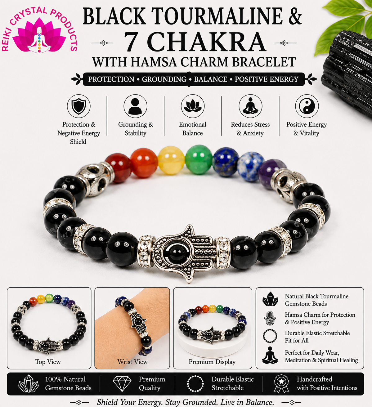 Natural Black Tourmaline & 7 Chakra with Hamsa Charm Bracelet