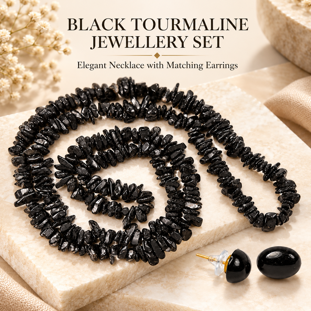 Black Tourmaline Chip Necklace Mala with Earrings