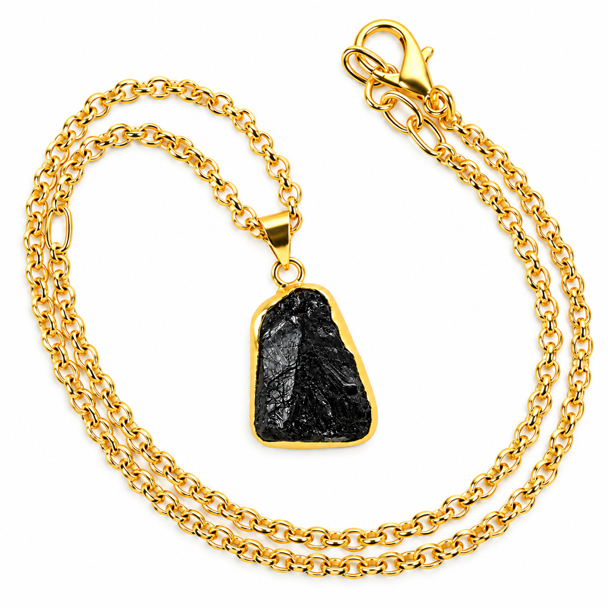 Black Tourmaline Pendant with Golden Metal Chain