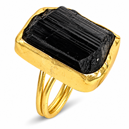 Black Tourmaline Raw Crystal Adjustable Ring for Girls and Women
