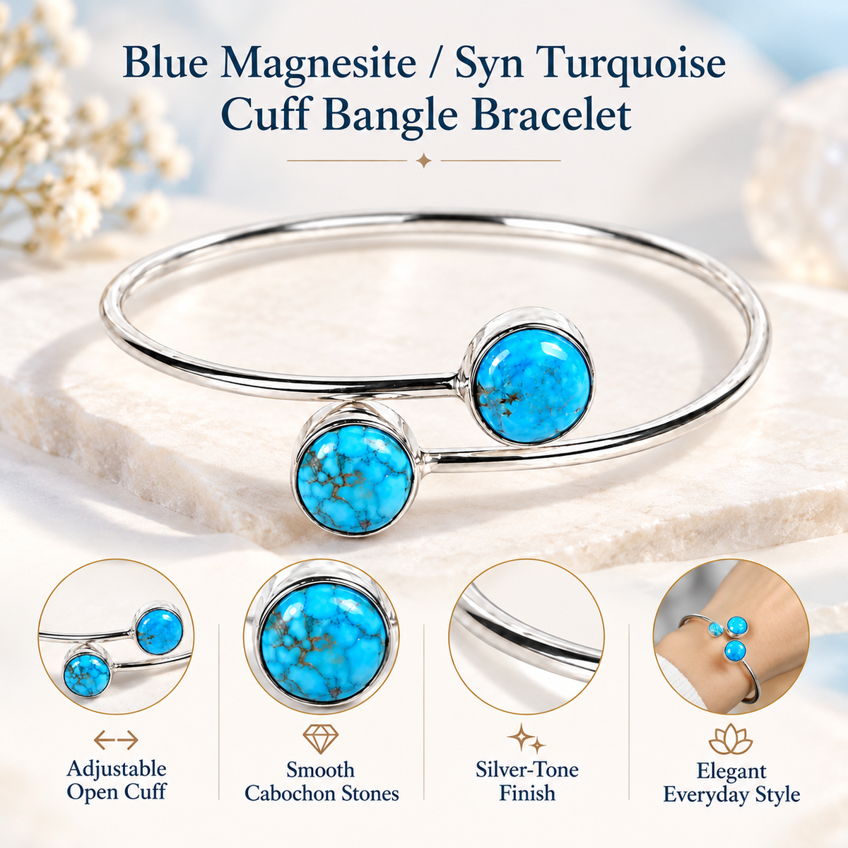 Blue Magnesite Syn Turquoise Cuff Bangle Bracelet