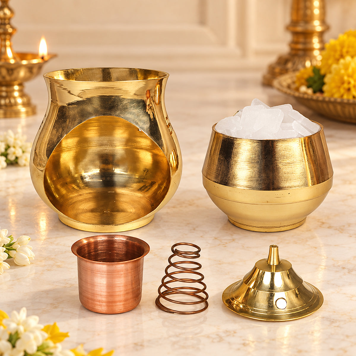 Brass Camphor Lamp with Spring Copper Diya | Traditional Kapoor Burner & Puja Diya | Brass Spiritual Lamp for Home Temple, Aarti, Meditation & Vastu Décor