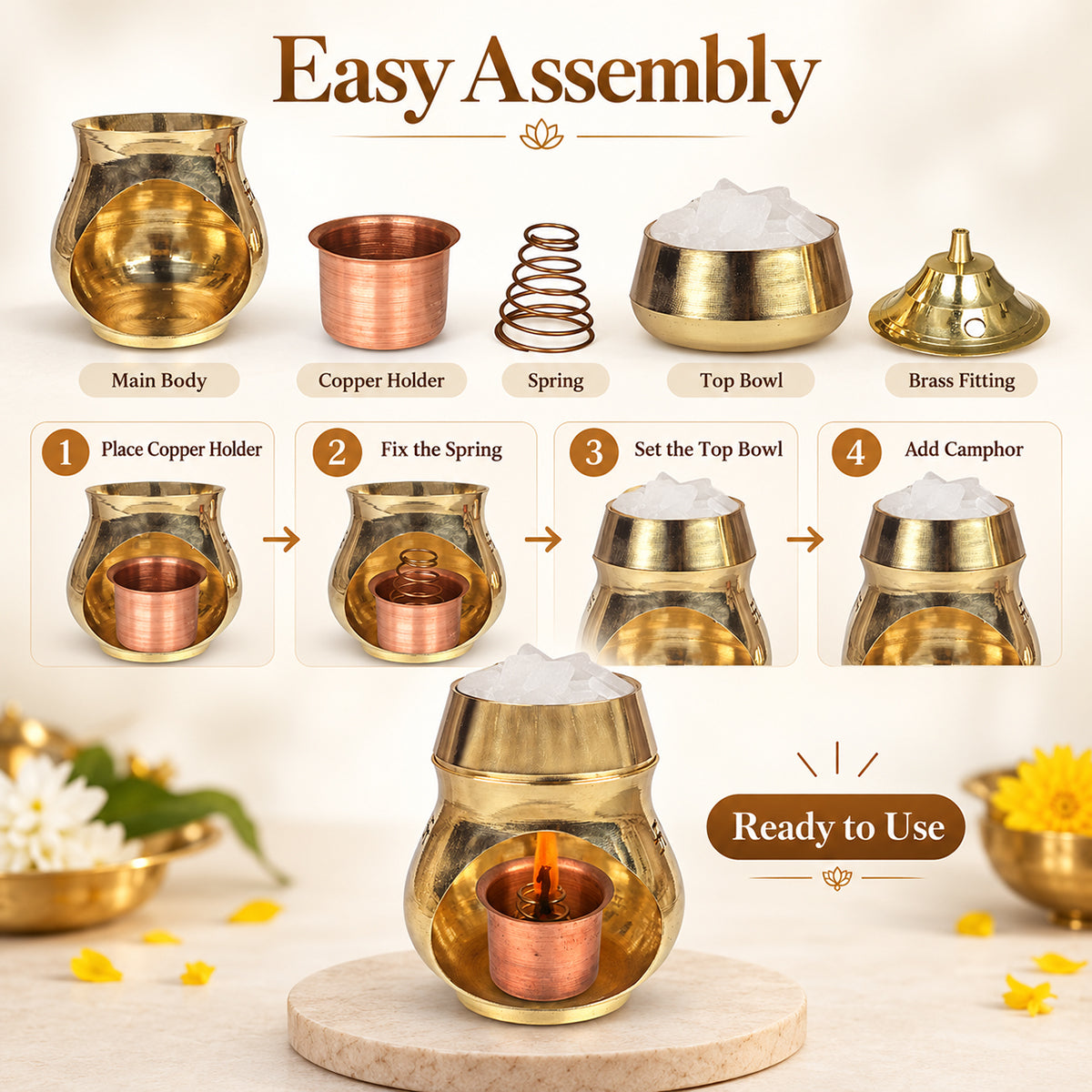 Brass Camphor Lamp with Spring Copper Diya | Traditional Kapoor Burner & Puja Diya | Brass Spiritual Lamp for Home Temple, Aarti, Meditation & Vastu Décor