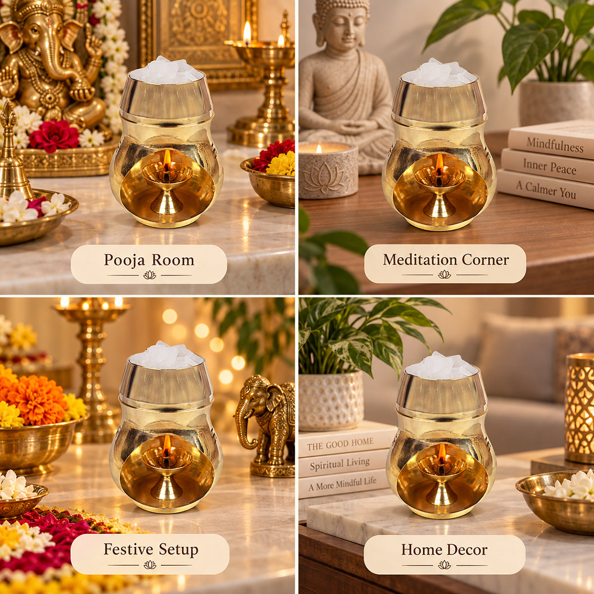 Vastu / Feng Shui Brass Aroma Incense Burner Camphor Lamp with Diya | Kapoor Lamp, Oil Burner & Essential Oil Diffuser | Brass Spiritual Decor for Home, Office, Meditation & Puja