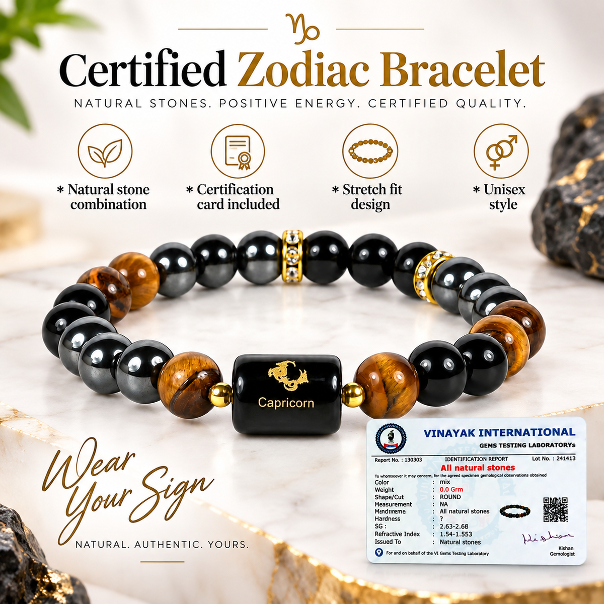 Certified Triple Protection Capricorn Zodiac Bracelet 8 mm