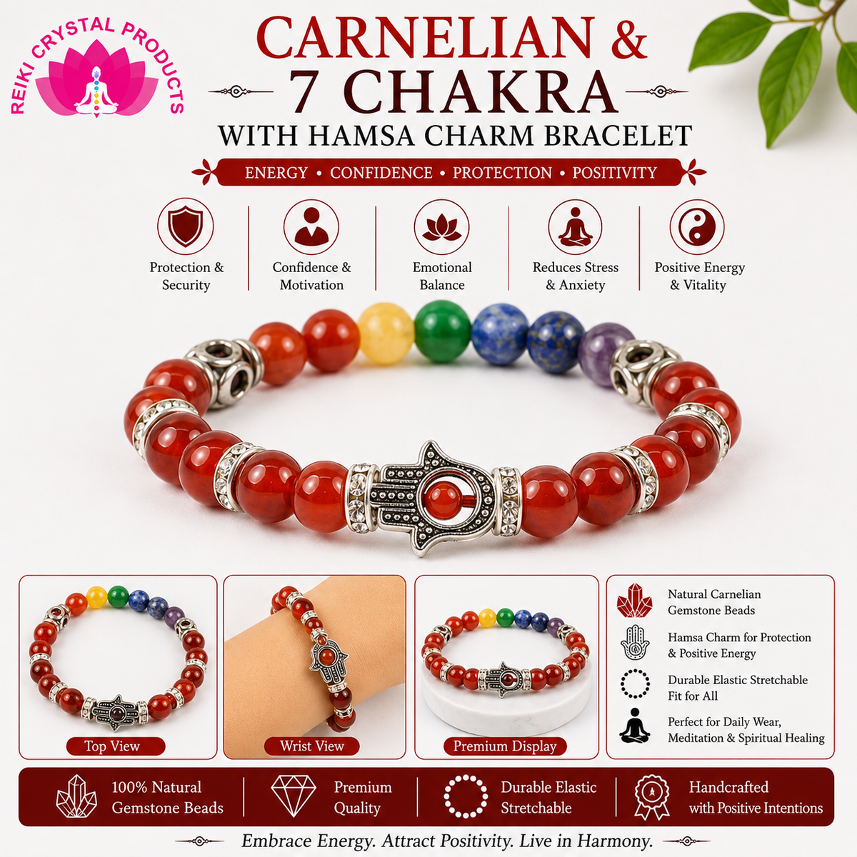 Natural Carnelian & 7 Chakra with Hamsa Charm Bracelet