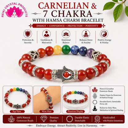 Natural Carnelian & 7 Chakra with Hamsa Charm Bracelet