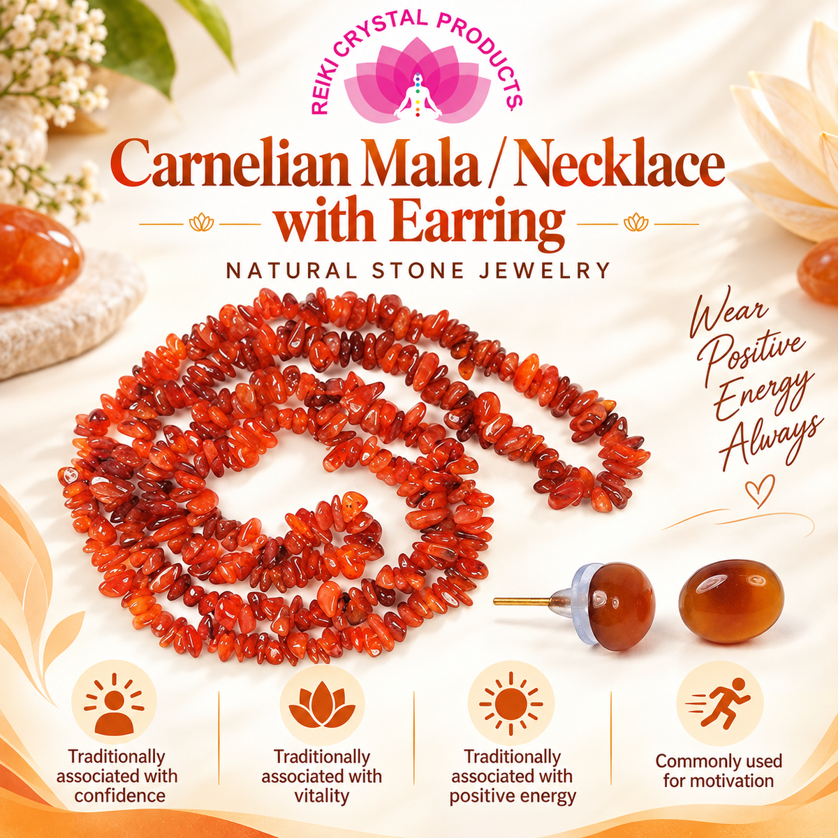 Carnelian Chip Necklace Mala with Earrings