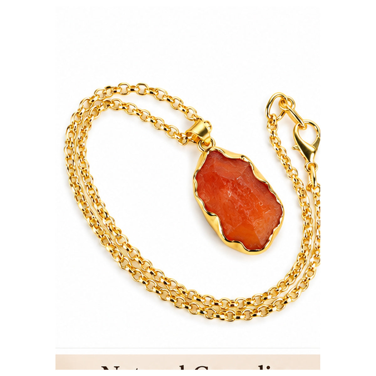 Carnelian Crystal Pendant Necklace with Golden Metal Chain