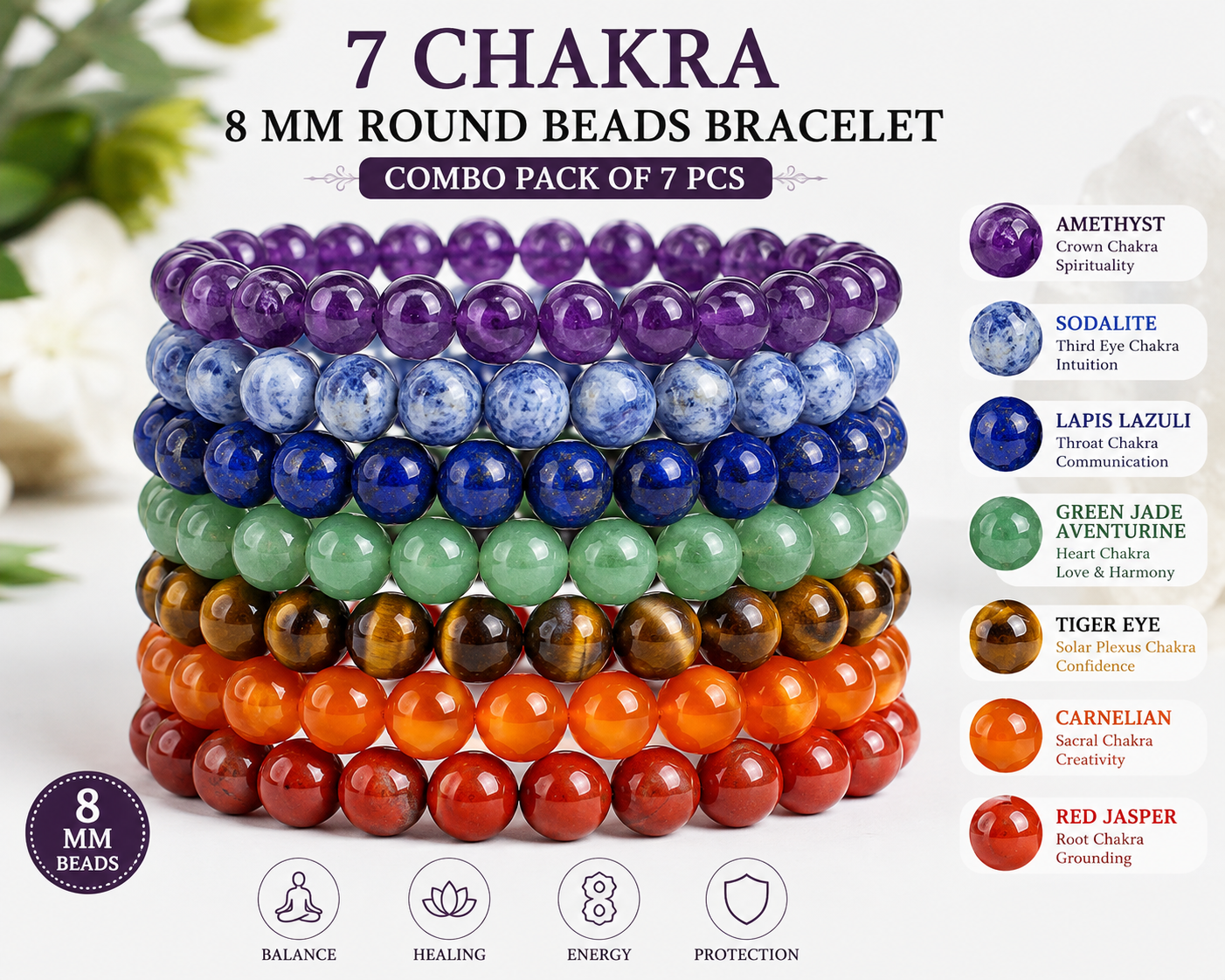 Natural 7 Chakra 8 mm Round Beads Bracelet Combo Pack of 7 | Amethyst, Sodalite, Lapis Lazuli, Green Jade Aventurine, Tiger Eye, Carnelian & Red Jasper