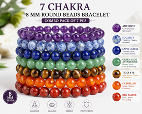Natural 7 Chakra 8 mm Round Beads Bracelet Combo Pack of 7 | Amethyst, Sodalite, Lapis Lazuli, Green Jade Aventurine, Tiger Eye, Carnelian & Red Jasper