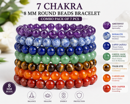 Natural 7 Chakra 8 mm Round Beads Bracelet Combo Pack of 7 | Amethyst, Sodalite, Lapis Lazuli, Green Jade Aventurine, Tiger Eye, Carnelian & Red Jasper