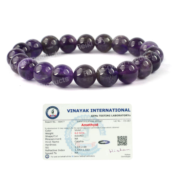 Certified Amethyst 10 mm Round Bead Bracelet | Natural Amethyst Crystal Bracelet for Peace, Protection, Stress Relief & Spiritual Growth | Reiki Charged Gemstone Bracelet for Men & Women | Adjustable Healing Bracelet