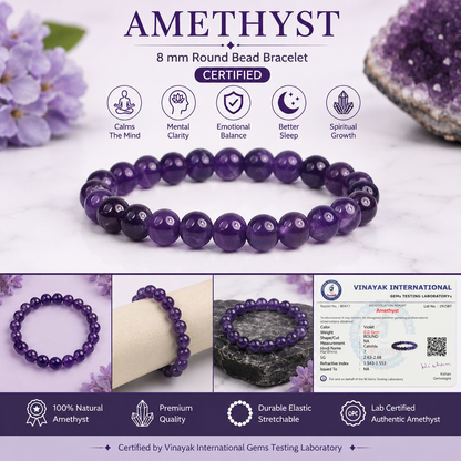Certified Amethyst 8 mm Round Bead Bracelet for Calmness, Protection & Mental Clarity  Certified Natural Amethyst Crystal Bracelet  Reiki Energized Gemstone Bracelet for Men & Women
