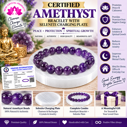 Certified Amethyst Bracelet with Selenite Charging Plate Combo