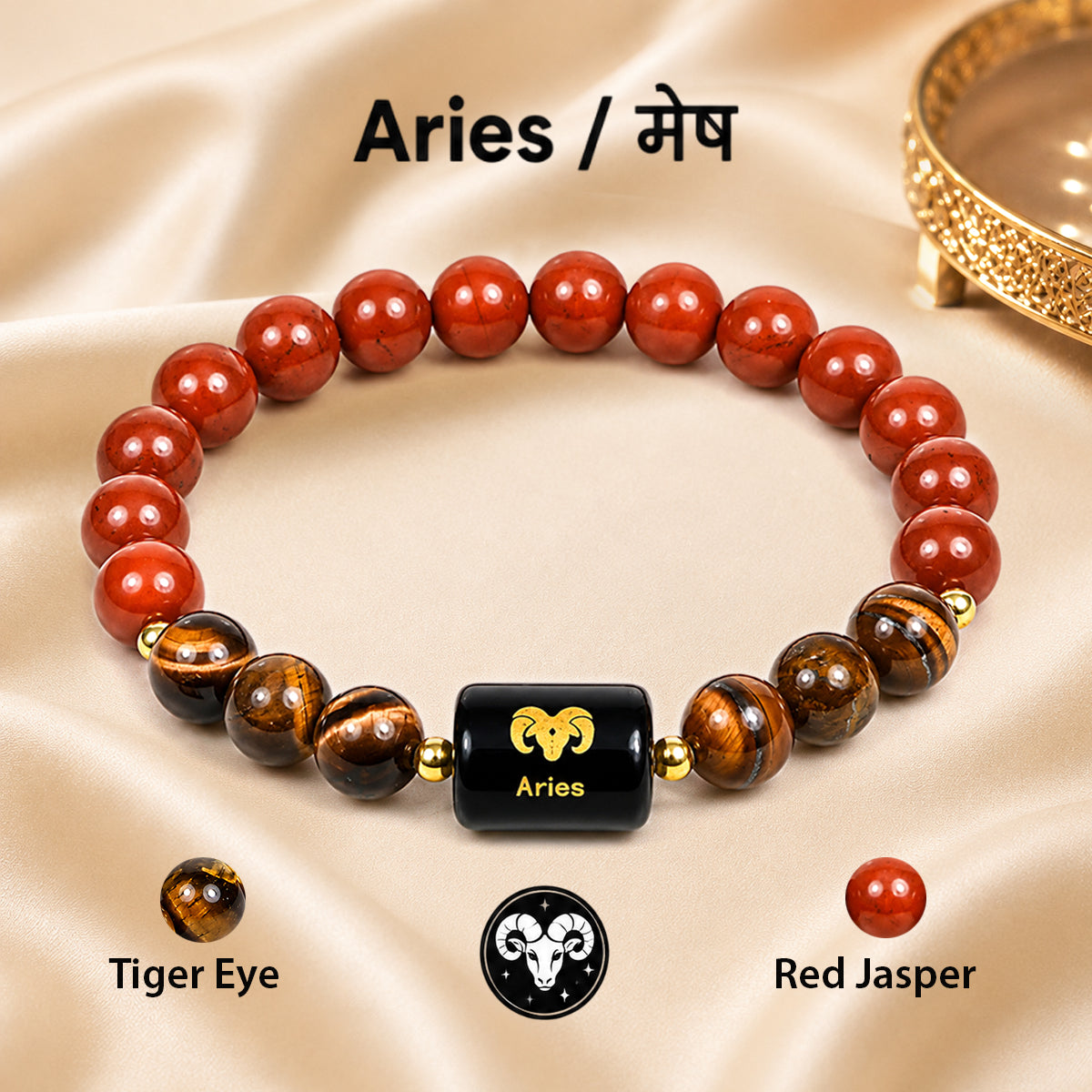 Certified Aries (मेष राशि) Zodiac Gemstone Bracelet for Men & Women | Natural Crystal Bracelet for Courage, Confidence, Leadership & Motivation | Astrology Bracelet